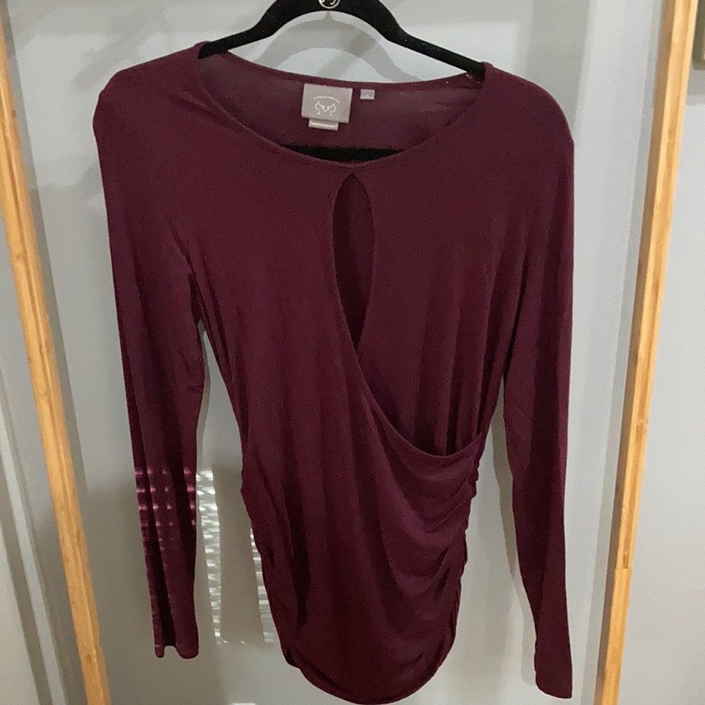 Anthropologie wine colored long sleeve keyhole top with rushed sides